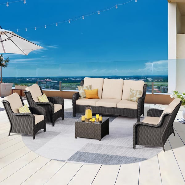 OVIOS Janus Brown 5-Piece Wicker Patio Conversation Seating Set with Beige Cushions and Coffee Table