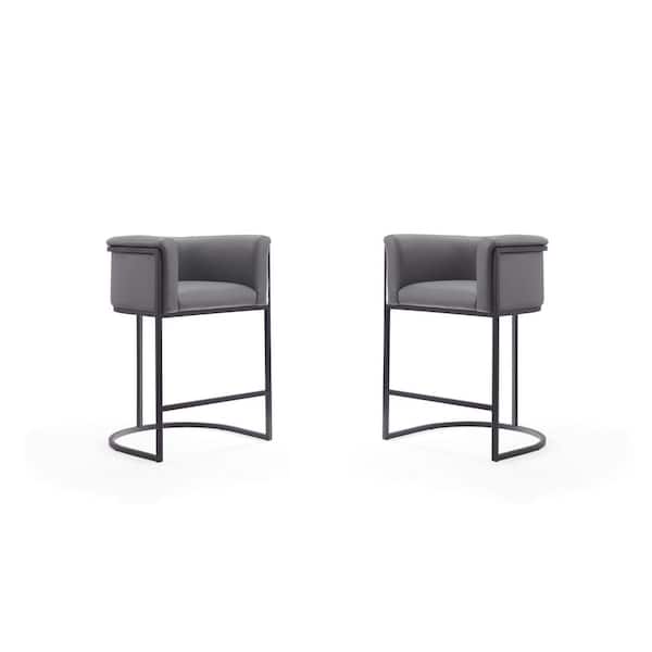 Manhattan Comfort Cosmopolitan 25.5 in. Grey and Black Metal Counter Stool with Faux Leather Upholstered Seat (Set of 2)