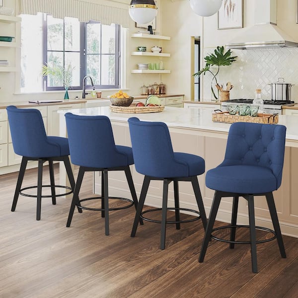 cozyman Rowland 26.5 in Seat Height Navy Blue Upholstered Fabric Counter Height Solid Wood Leg Swivel Bar stool（Set of 4）