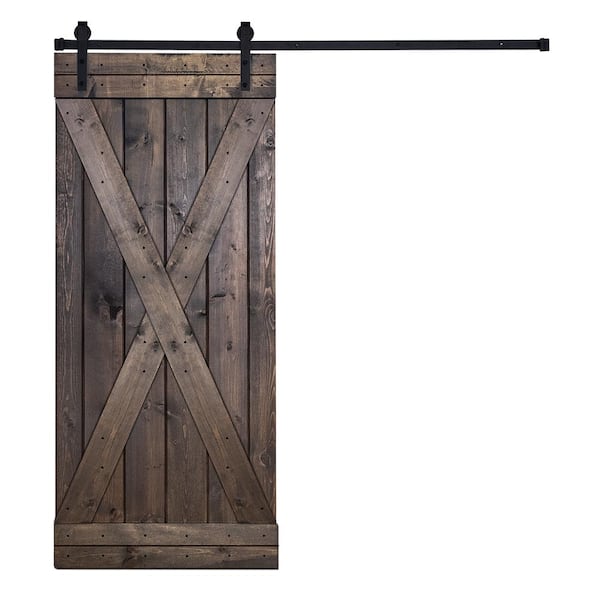 AIOPOP HOME X-Bar Serie 42 in. x 84 in. Otter Brown Knotty Pine Wood DIY Sliding Barn Door with Hardware Kit