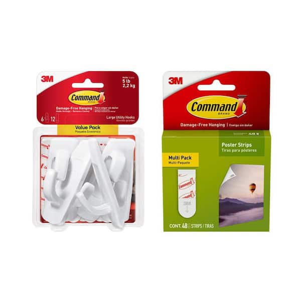 Large Hooks & Small Strips Bundle, Damage Free Hanging, Heavy Duty & Lightweight Combo, Value Pack
