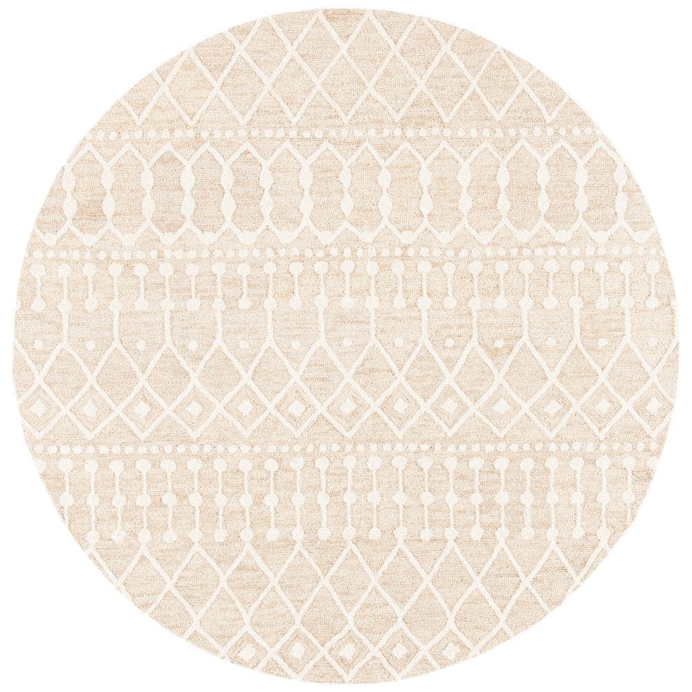 Ivory and Beige Hand Tufted Wool Round Floral Rug