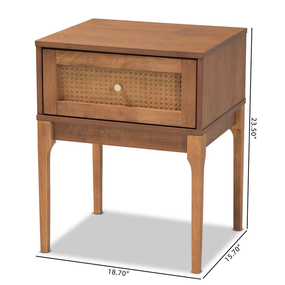 Ramiel Ash Walnut Wood and Rattan 1-Drawer Nightstand
