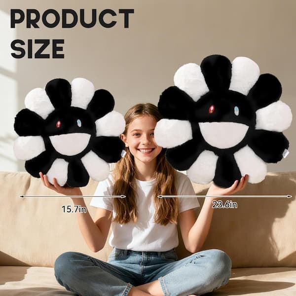 15.7 Inch Flower Throw Pillow, Soft Plush Floor Cushion, Black and
