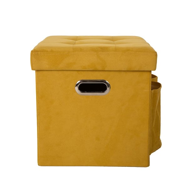 Glitzhome 15 in. H Yellow Cube Faux Suede Foldable Storage Ottoman with Padded Seat