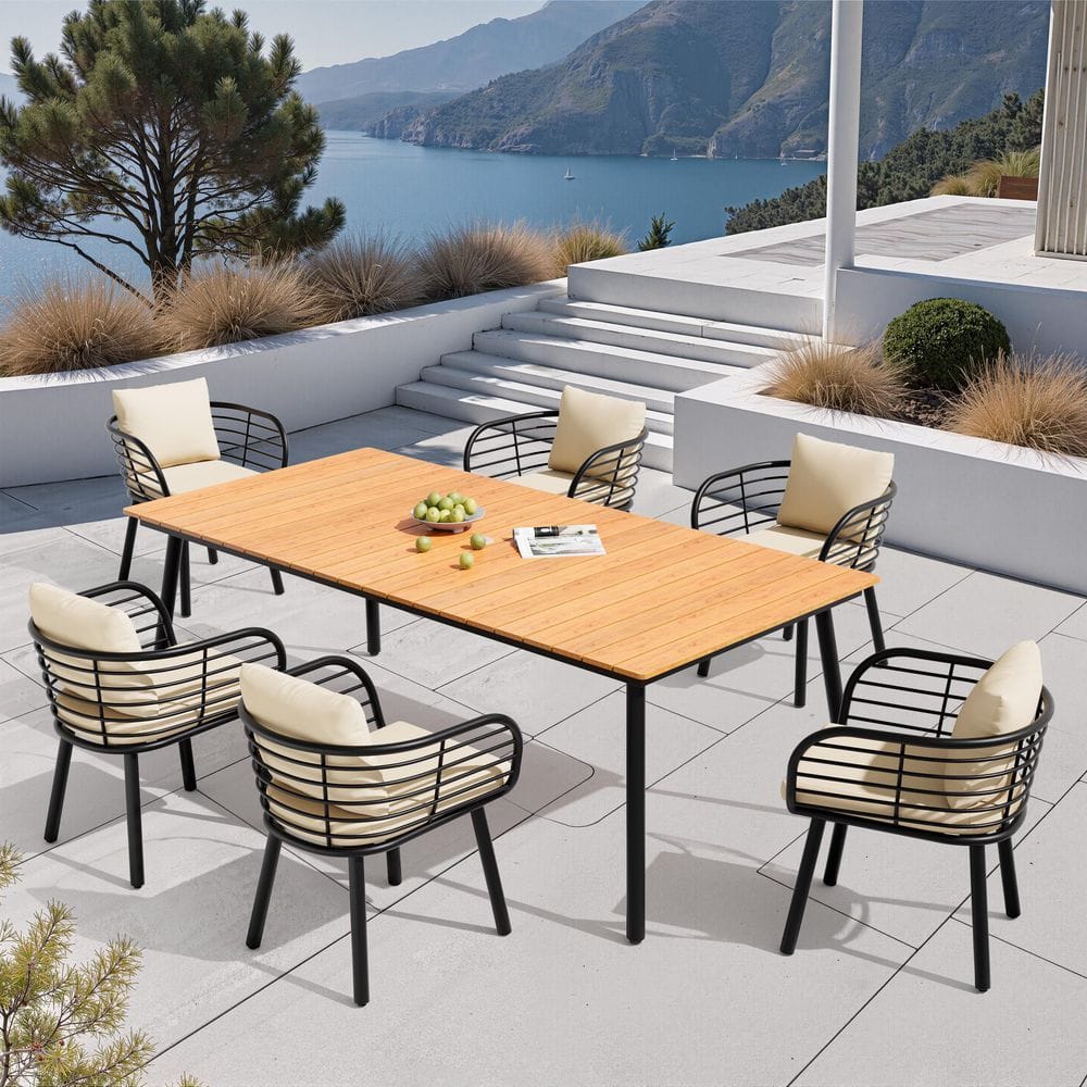 Brown 7-Piece 82 in. Aluminium Wood-Like Outdoor Dining Set with Umbrella Hole, Sunbrella Canvas Antique Beige Cushions price history on PriceWatchPro