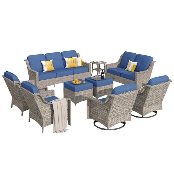 Eureka Gray 9-Piece Wicker Modern Outdoor Patio Conversation Sofa Seating Set with Swivel Chairs and Navy Blue Cushions