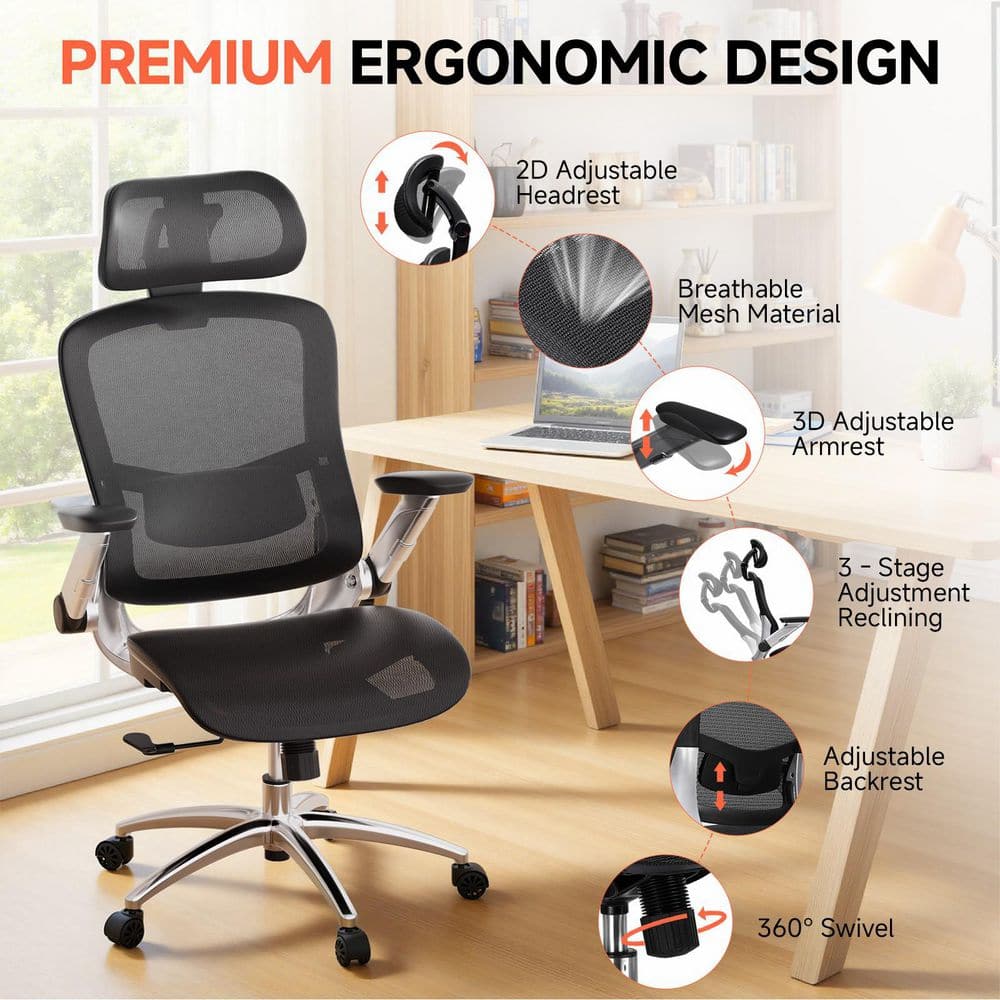 Big and Tall High Back Office Chair with Flip-Up Arms Gray Ergonomic Mesh High Back Home Desk Chair Arm Chair - Thumbnail 3