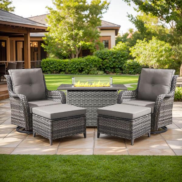 Carolina 5-Piece Outdoor Patio Furniture Set, Gray Wicker Fire Pit Table with Swivel Chair, Gray Cushions