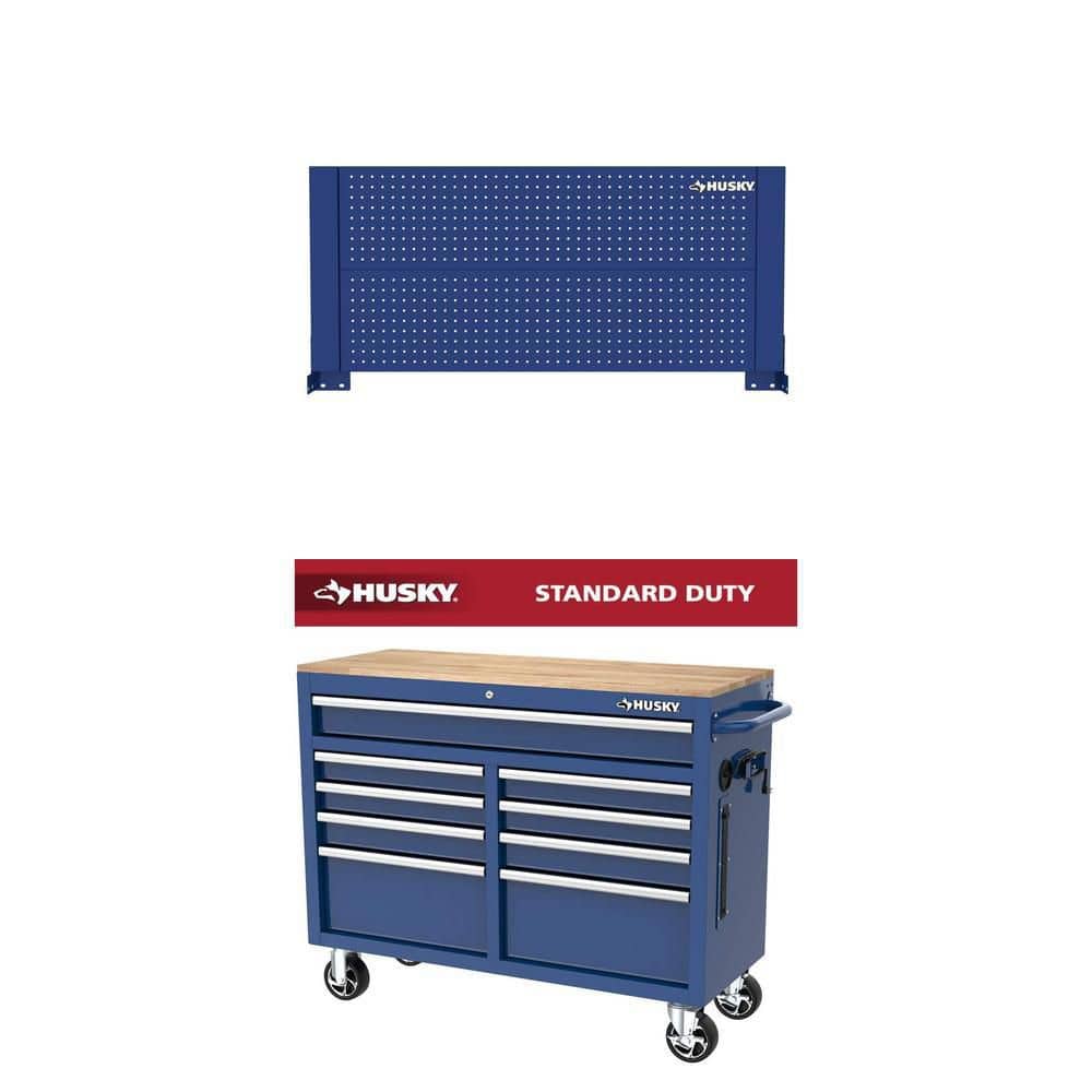 Husky 46 in. Gloss Blue Pegboard Attachment and 46 in. W 9-Drawer
