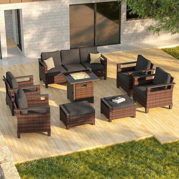 JOYESERY 8-Piece Patio Conversation with Square Fire Table Set Wide Armrests High Back Sofa Chair Brown Wicker Black Cushion