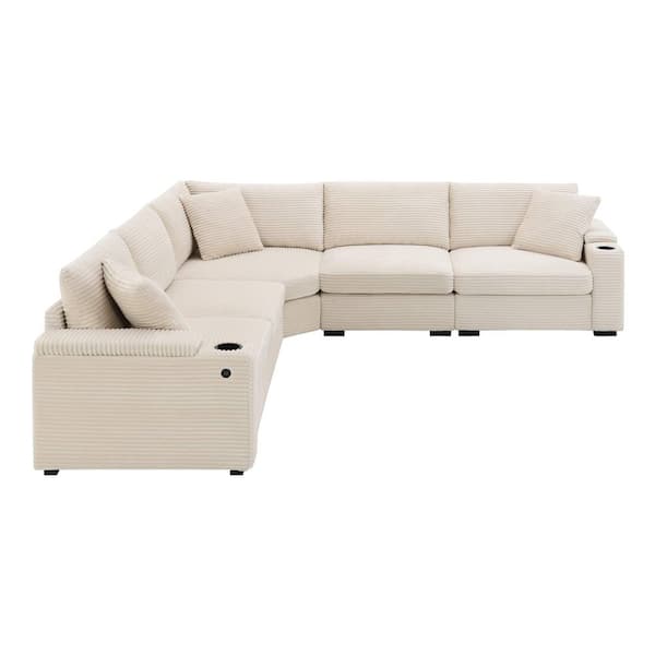 106 in. Square Arm Corduroy Sectional Sofa with Armrest Storage, Cup Holders, USB Charger in. Beige