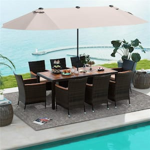 Brown 11-Piece Metal Rectangle 29 in. Outdoor Dining Set with 15 ft. Beige Double-Sided Patio Umbrella in Beige Cushion