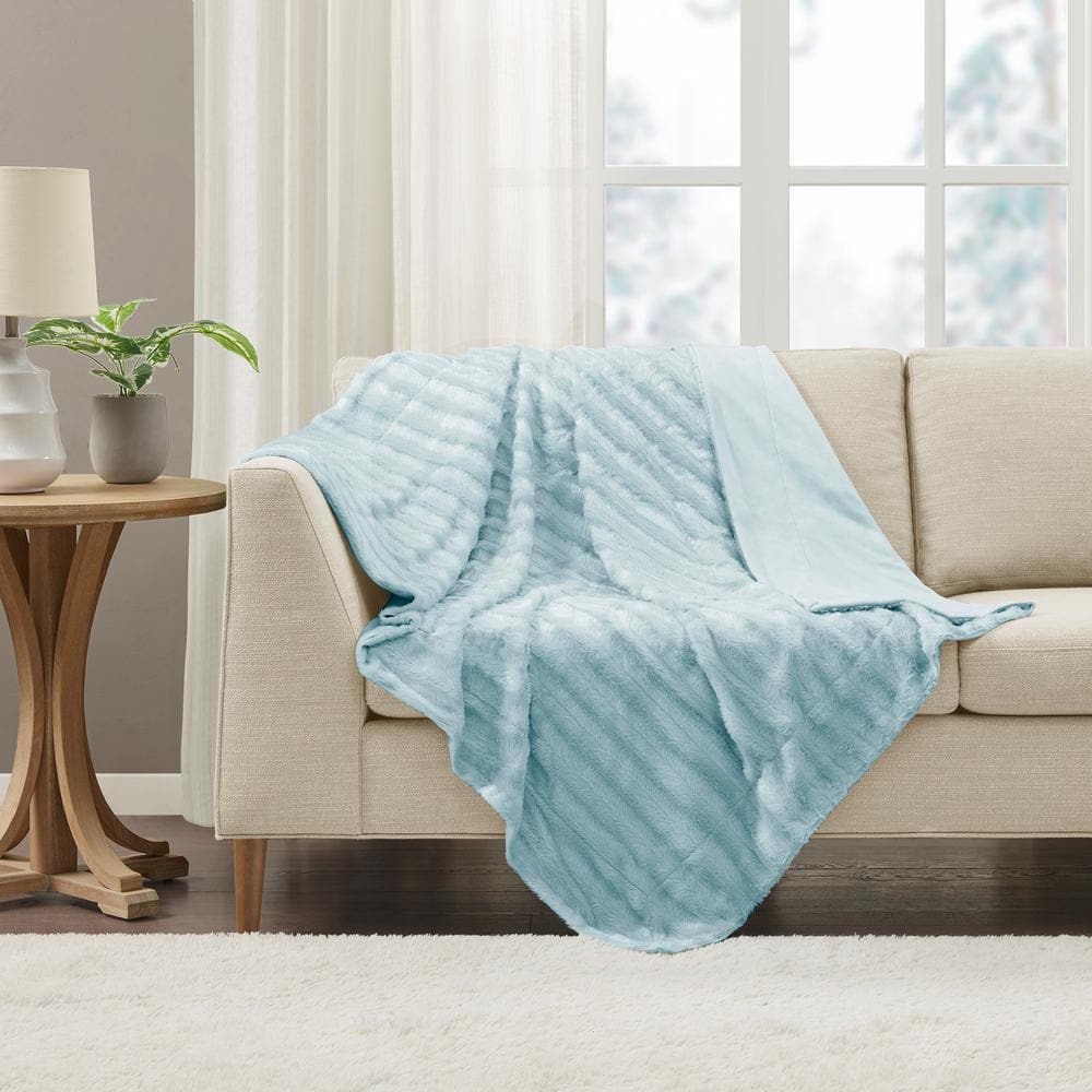 Blue Long Faux Fur Reversible Throw Blanket