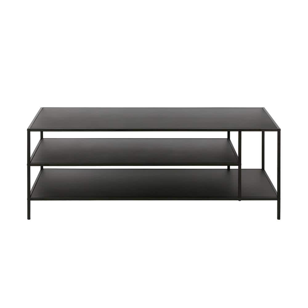 Modern Rectangular 46'' Metal Coffee Table with Glass Shelves in Blackened Bronze