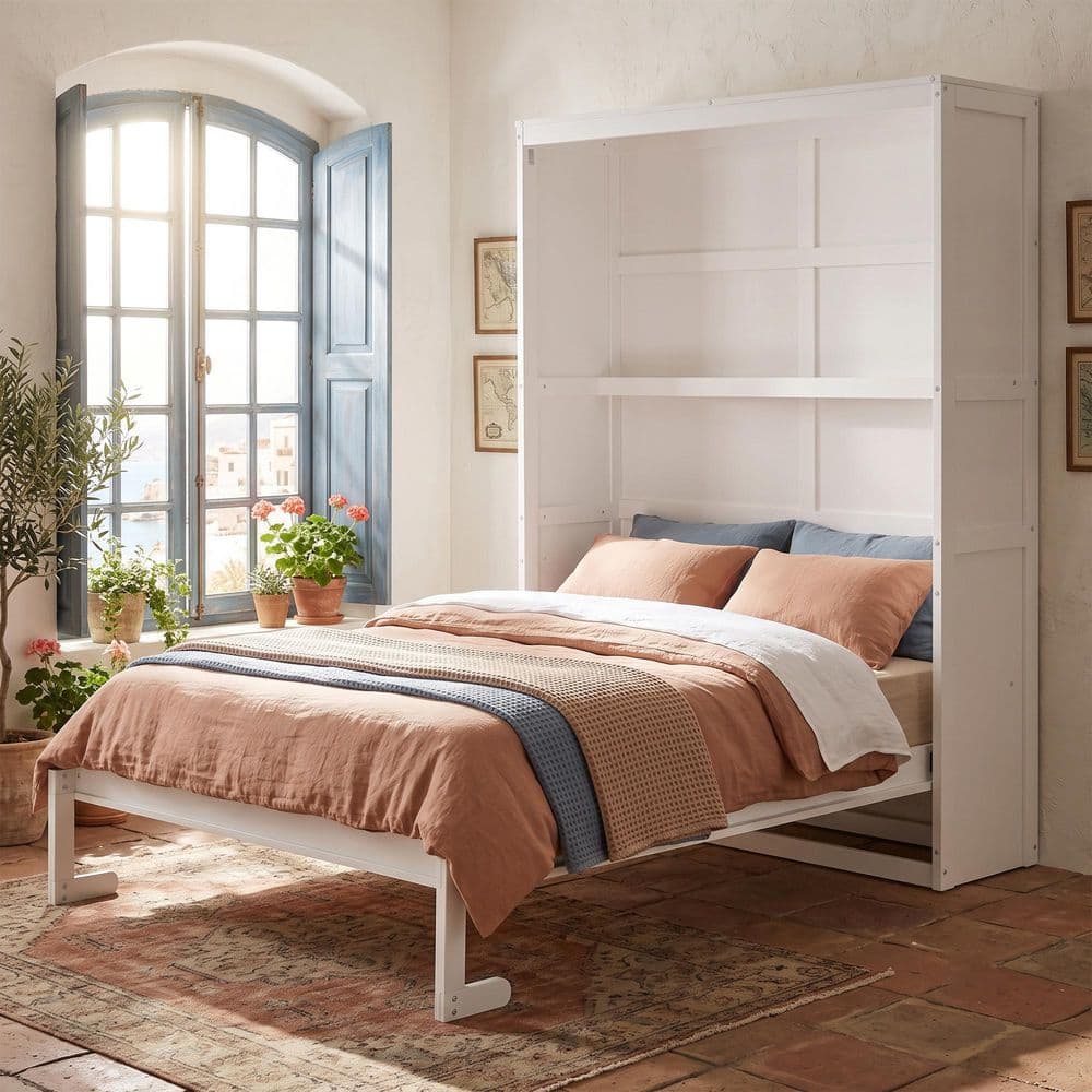 Harper & Bright Designs White Wood Frame Full Size Murphy Bed