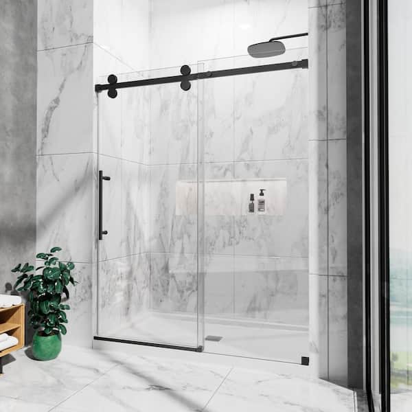 56-60 in. W x 80 in. H Frameless Single Sliding Shower Door with 3/8 in. Tempered Glass in Matte Black
