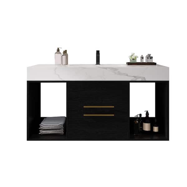 39 in. Single Sink Floating Black Bath Vanity with White Sintered Stone Top, 2 Soft Close Drawer, Gold Handles