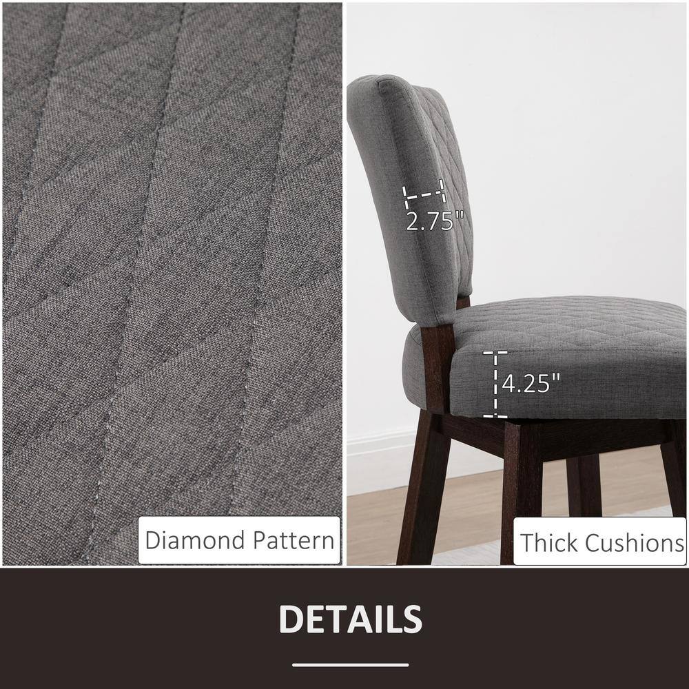 Gray Quilted Swivel Bar Stools with Rubberwood Legs, Set of 2