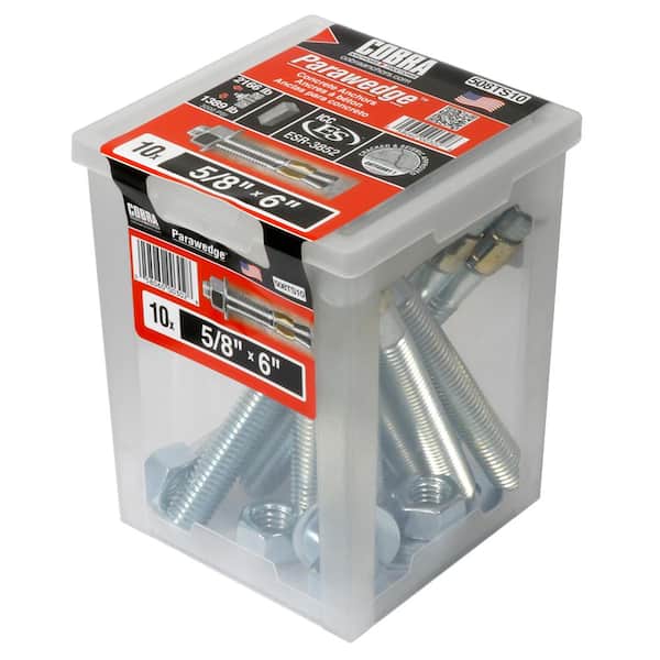 Cobra Anchors 5/8 in. x 4-1/4 in. Carbon Steel Stainless Still Wedge Hex Head 46lbs. Wedge Anchors (10-Pack)