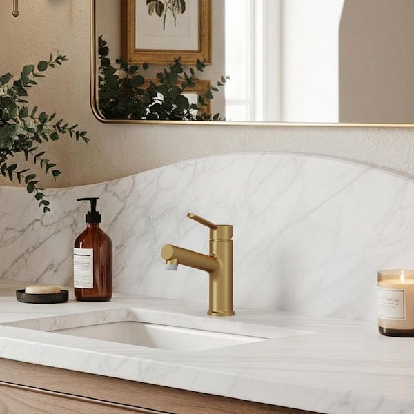 Single Handle Single Hole Bathroom Faucet with Pop‑Up Drain in Brushed Gold