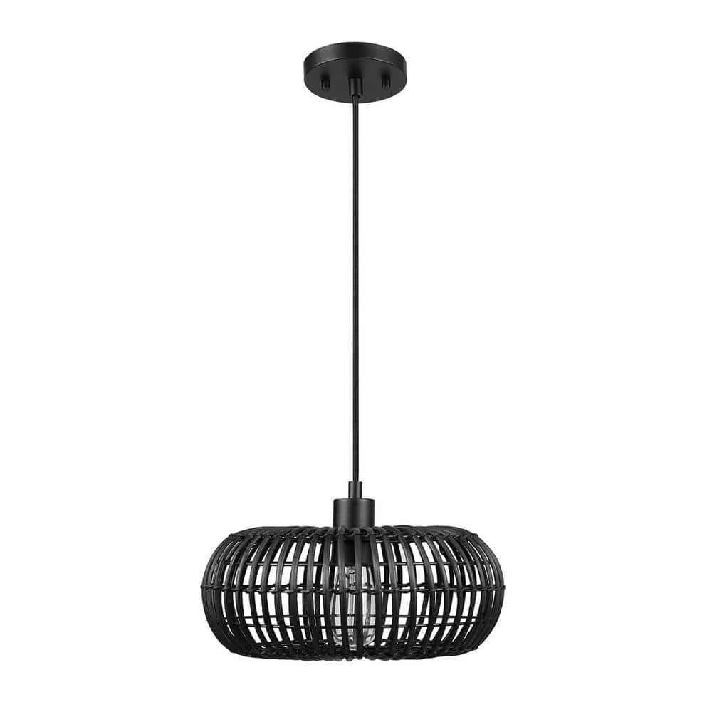 Globe Electric Kora 1-Light Matte Black Shaded Pendant Light with Black Twine Shade 91002263