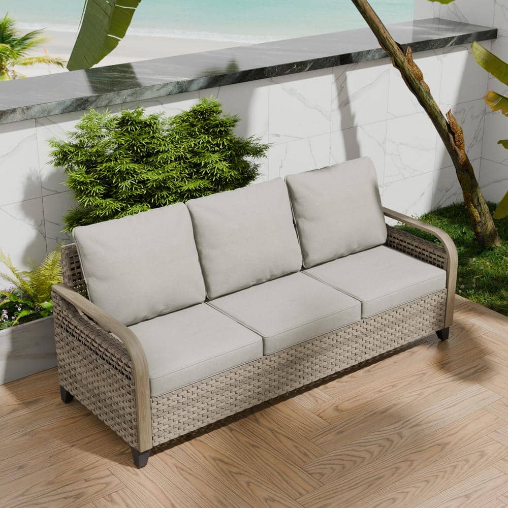 Outdoor Beige Wicker and Steel Three-Seat Sectional Sofa with Gray Cushions