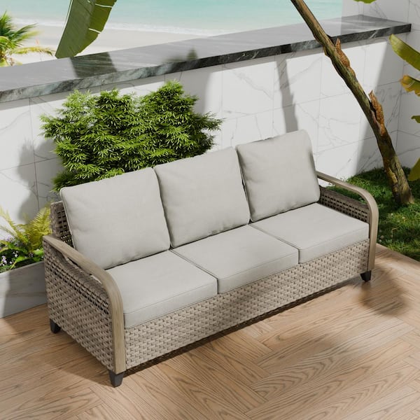 COOS BAY Brown 1-Piece Wicker Rattan Outdoor Patio Sectional Set 3-Seat Sofa with Gray Cushions