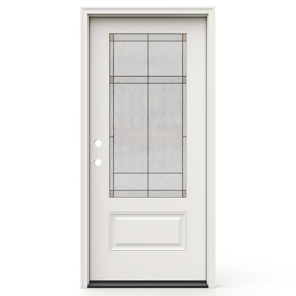 36 in. x 80 in. Right-H and 3/4 Lite Frameless Ballantyne Decorative Glass Primed Fiberglass Prehung Door W/ Brickmould