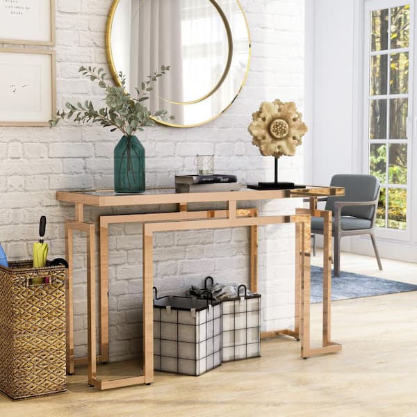 Towson 52 in. Gold Plating and Black Rectangular Glass Top Console Table