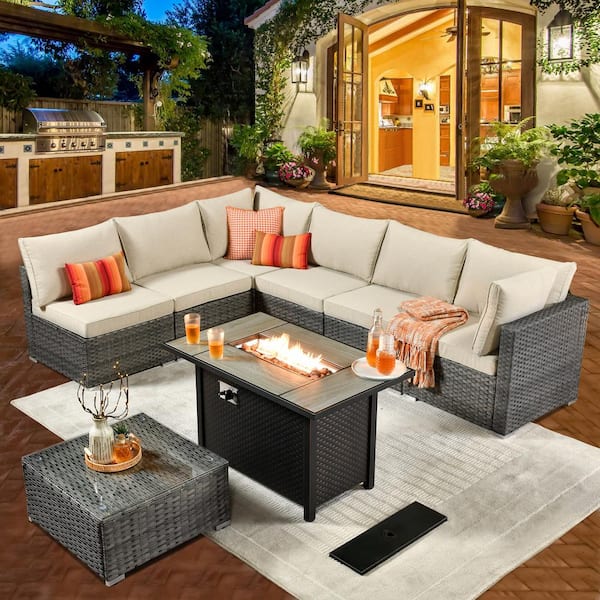 weaxty W Daffodil A Gray 8-Piece Wicker Patio Rectangular Fire Pit Conversation Sofa Set with Beige Cushions