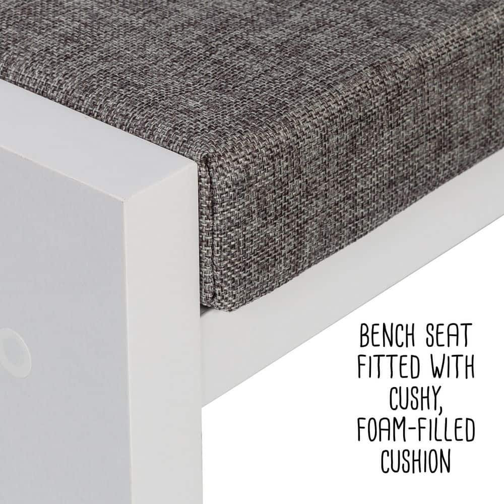Bright White and Tan Cushioned Storage Bench with 3 Cubbies