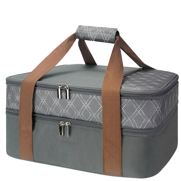 1-Piece 11.4 in. x 15.7 in. x 4.1 in. Gray Expandable Casserole Carrier Bag Set, Double Decker Food Bag, Leakproof