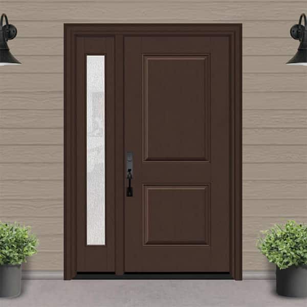 Regency 51 in. x 80 in. 2P Squaretop RHIS Chestnut Stain Mahogany Fiberglass Prehung Front Door with Rain12in. SL 4-9/16