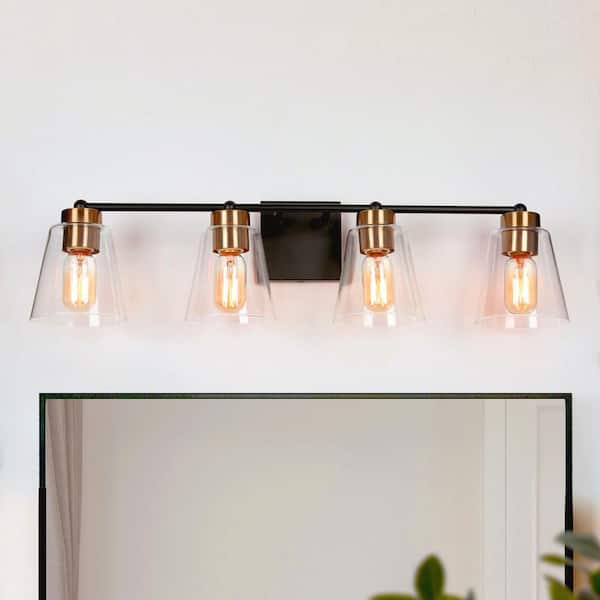Uolfin Modern Bell Bathroom Vanity Light 4-Light Black and Brass Wall Sconce Light With Clear Glass Shades