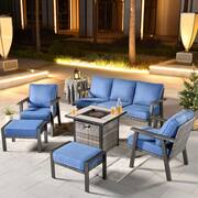 Walden Grey 6-Piece Wicker Steel Outdoor Patio Conversation Sofa Set with a Fire Pit and Sky Blue Cushions