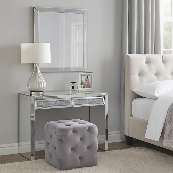 43 in. Silver Rectangle Glass Top Console Table with 2-Drawers