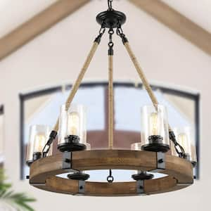 Farmhouse Chandelier 6-Light Black Wagon Wheel Wood Island Chandelier with Clear Seeded Glass Shade and Rope Accents