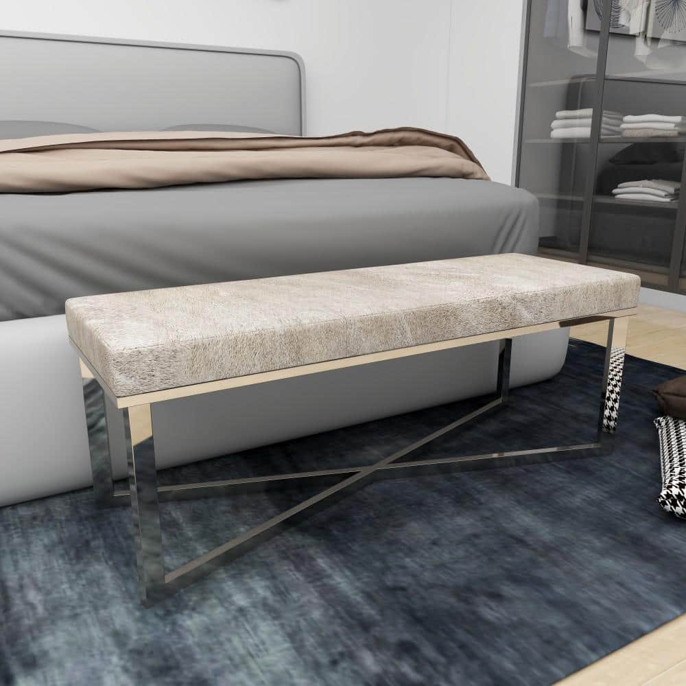 Gray Handmade Cowhide Bench with Silver Metal X-Base