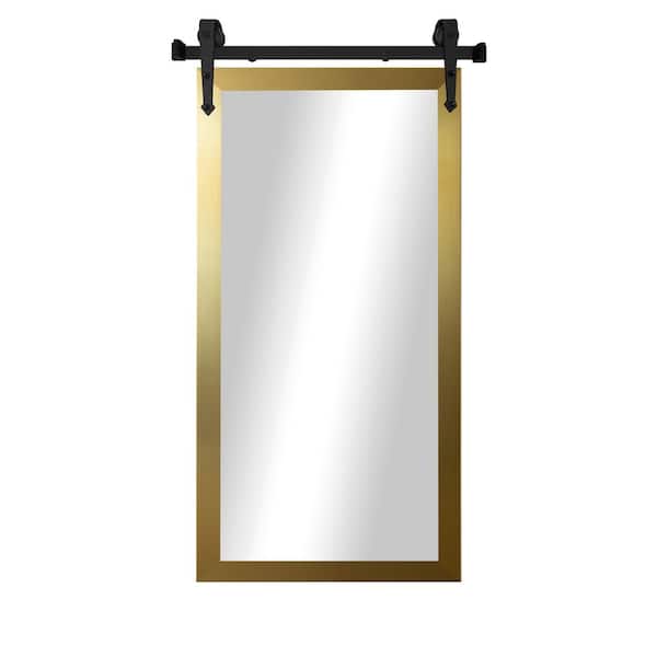 (33 in. W x 66 in. H) Gold Modern Rustic Vertical Mirror with Steel Barn Door Rail
