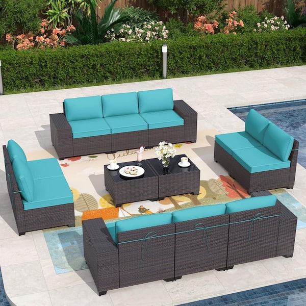 Halmuz 12-Piece Brown Wicker Outdoor Sectional Set with Glass Coffee Table and Blue Cushions, Patio Chat
