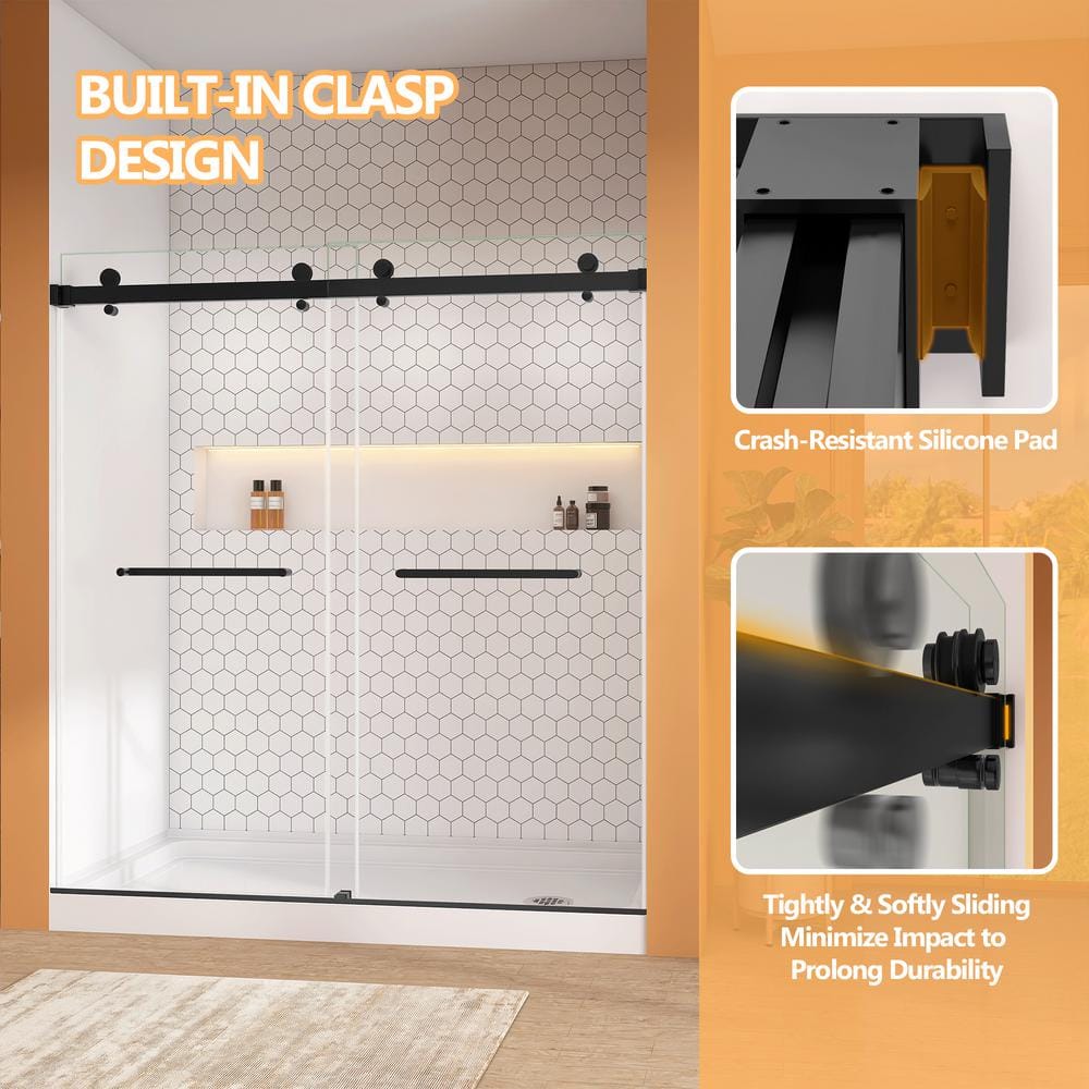 60-Inch Matte Black Frameless Sliding Shower Door with Clear Glass