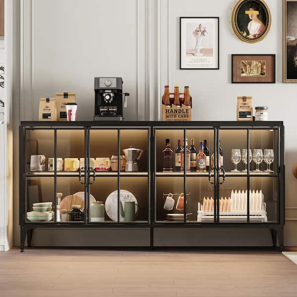 Black 31.5 in. H Wood and Metal Accent Cabinet, Sideboard, Bookcase with 4 Shelves and Glass Doors