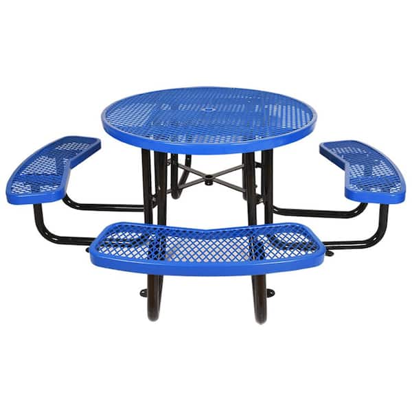 Cascia 46 in. Blue Round Steel Picnic Table Seats 8 People with Umbrella Hole