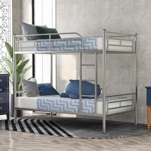 Detachable Silver Twin over Twin Metal Bunk Bed with Built-in Ladder and Full-Length Guardrails for Upper Bed