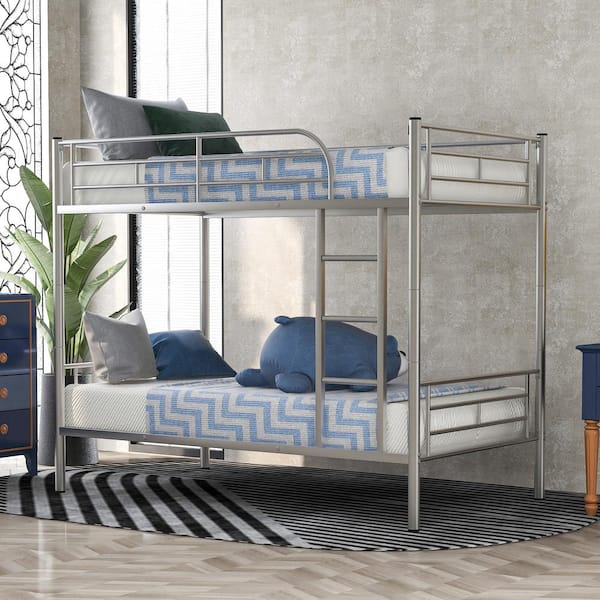 Harper & Bright Designs Detachable Silver Twin over Twin Metal Bunk Bed with Built-in Ladder and Full-Length Guardrails for Upper Bed