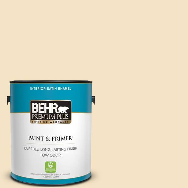 BEHR PREMIUM PLUS 1 gal. #PPU6-10 Cream Puff Satin Enamel Low Odor Interior Paint & Primer