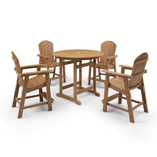 Unbranded 5-Piece Outdoor Bar Table Set (4 Chairs Plus A Round Table), with Umbrella Hole, Dining Sets for Backyard, Patio, Teak