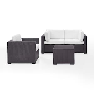 Biscayne 3-Person Wicker Outdoor Seating Set with White Cushions - 2 Corner Chairs, 1 Arm Chair, 1 Coffee Table
