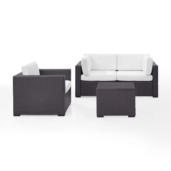 CROSLEY FURNITURE Biscayne 3-Person Wicker Outdoor Seating Set with White Cushions - 2 Corner Chairs, 1 Arm Chair, 1 Coffee Table